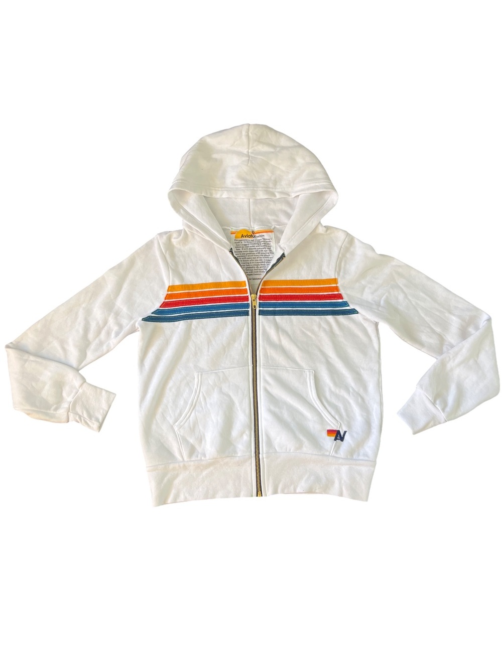 Aviator Nation White Zip Hoodie with Orange, Red & Blue Chest Stripes